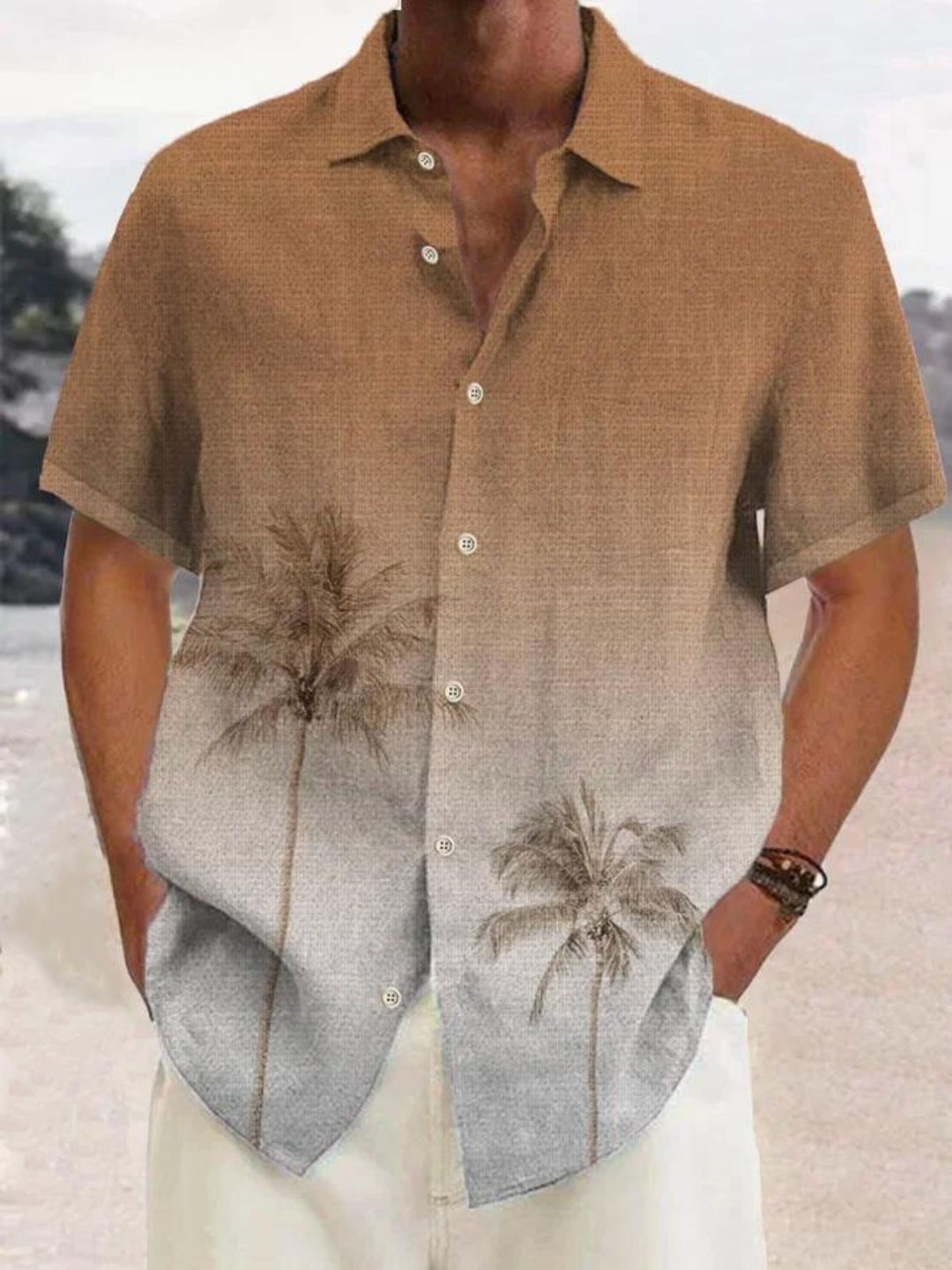 Men's short sleeve casual summer shirt with a vivid coconut tree print, offering a cool and comfortable holiday style.