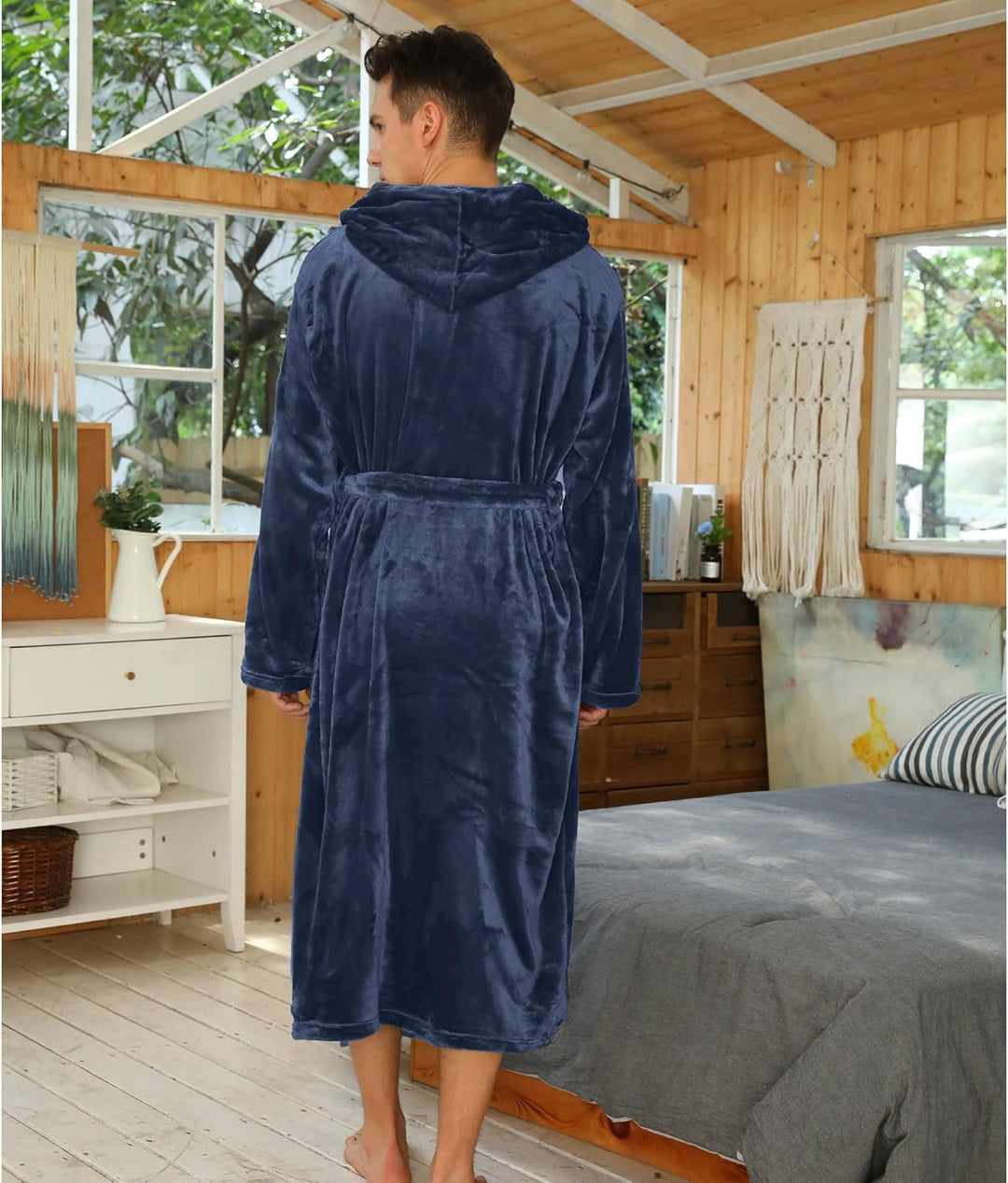 Luxurious navy men's hooded bathrobe, plush and soft for a spa-like feel.
