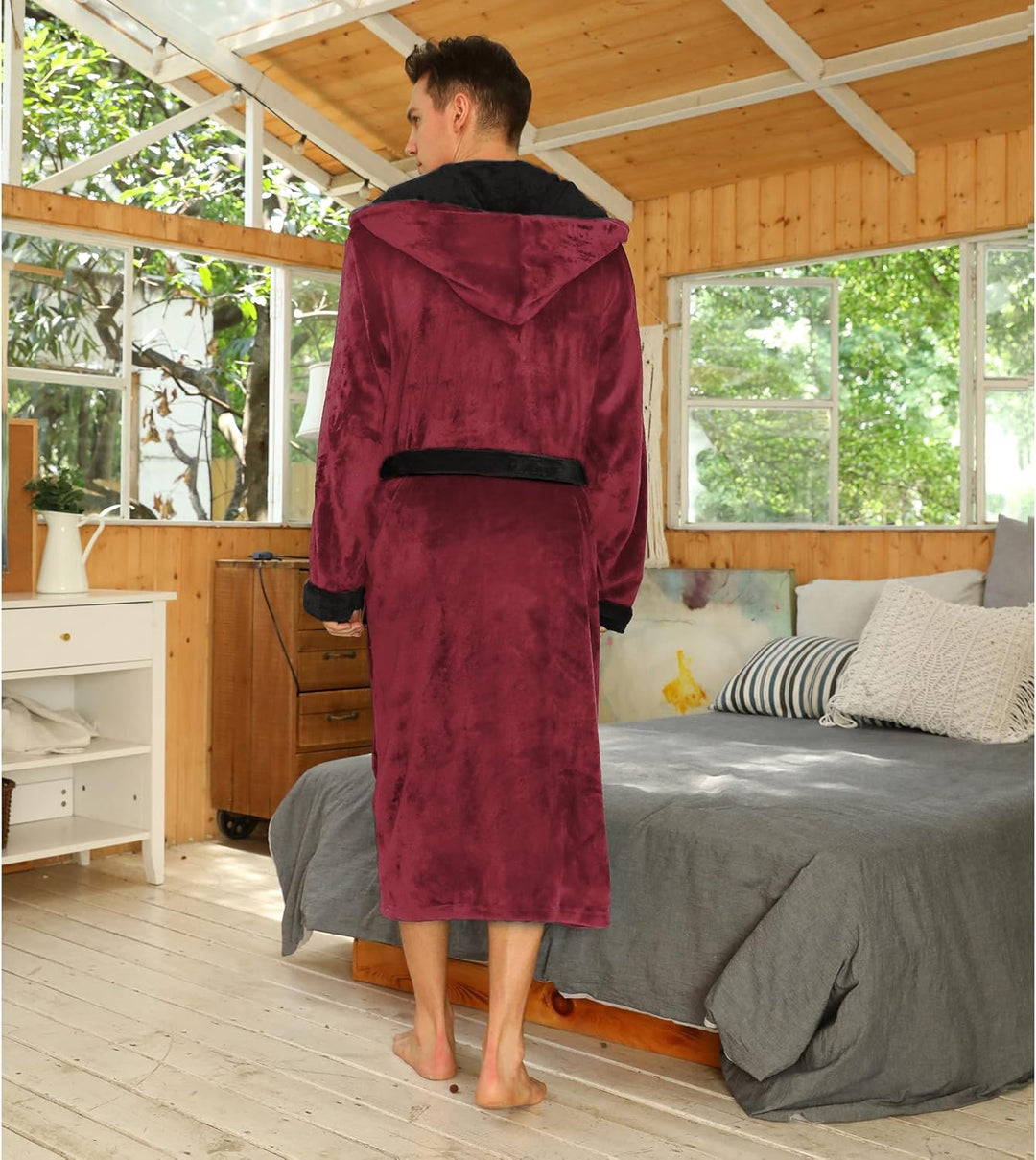 White men's hooded fleece bathrobe, offering exceptional softness and warmth.