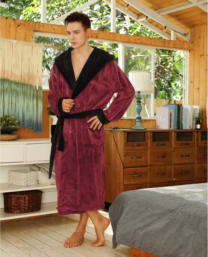 Soft black men's hooded fleece loungewear, perfect for relaxation.