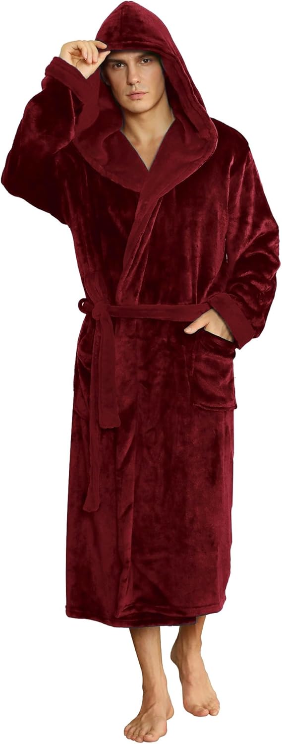 Men's navy hooded fleece bathrobe with a cozy wrap design, ultra-soft.