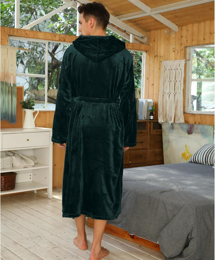 Luxurious men's grey hooded fleece robe, ideal loungewear for ultimate relaxation.