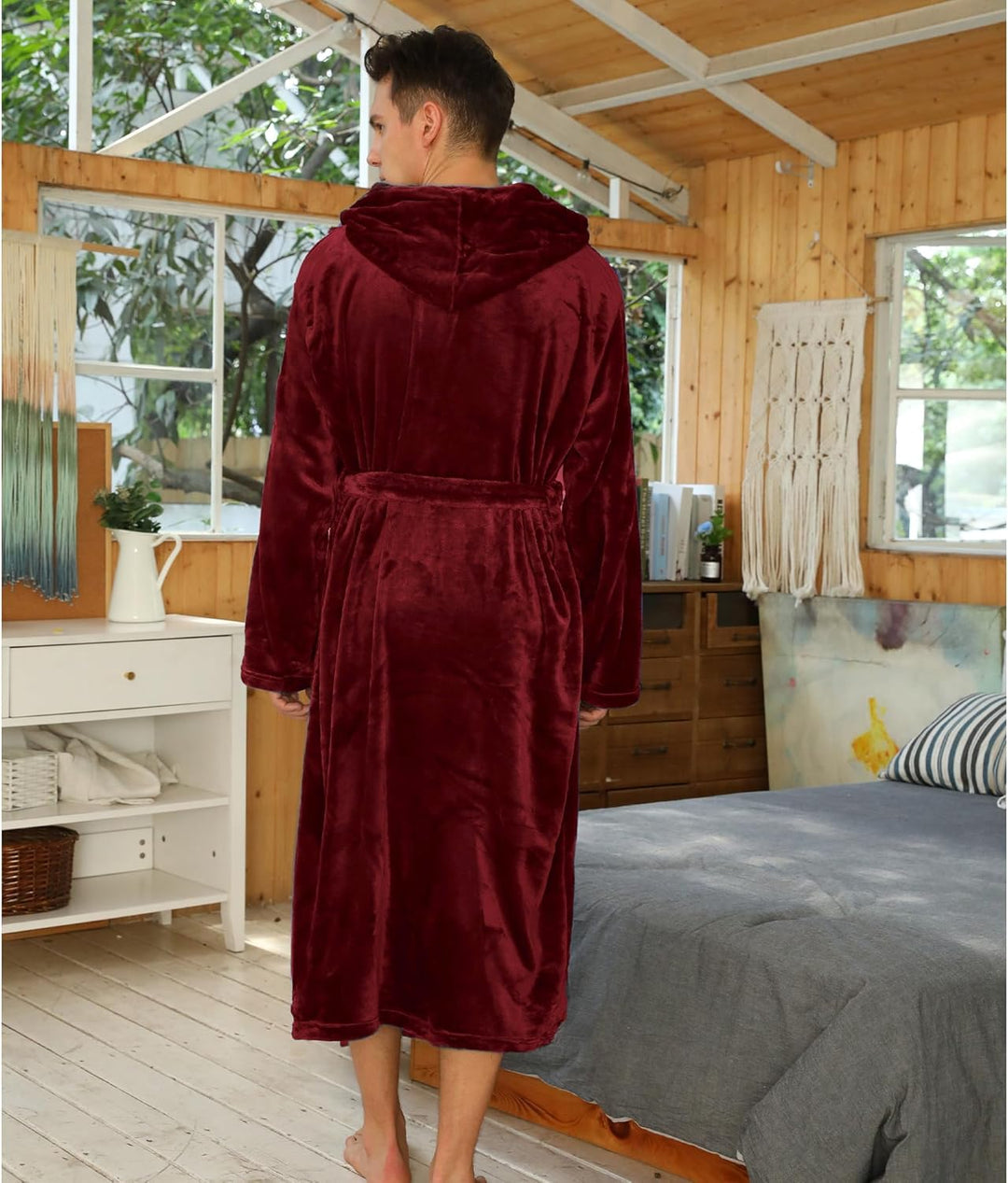 Men's charcoal ultra-soft fleece hooded robe, a winter must-have.