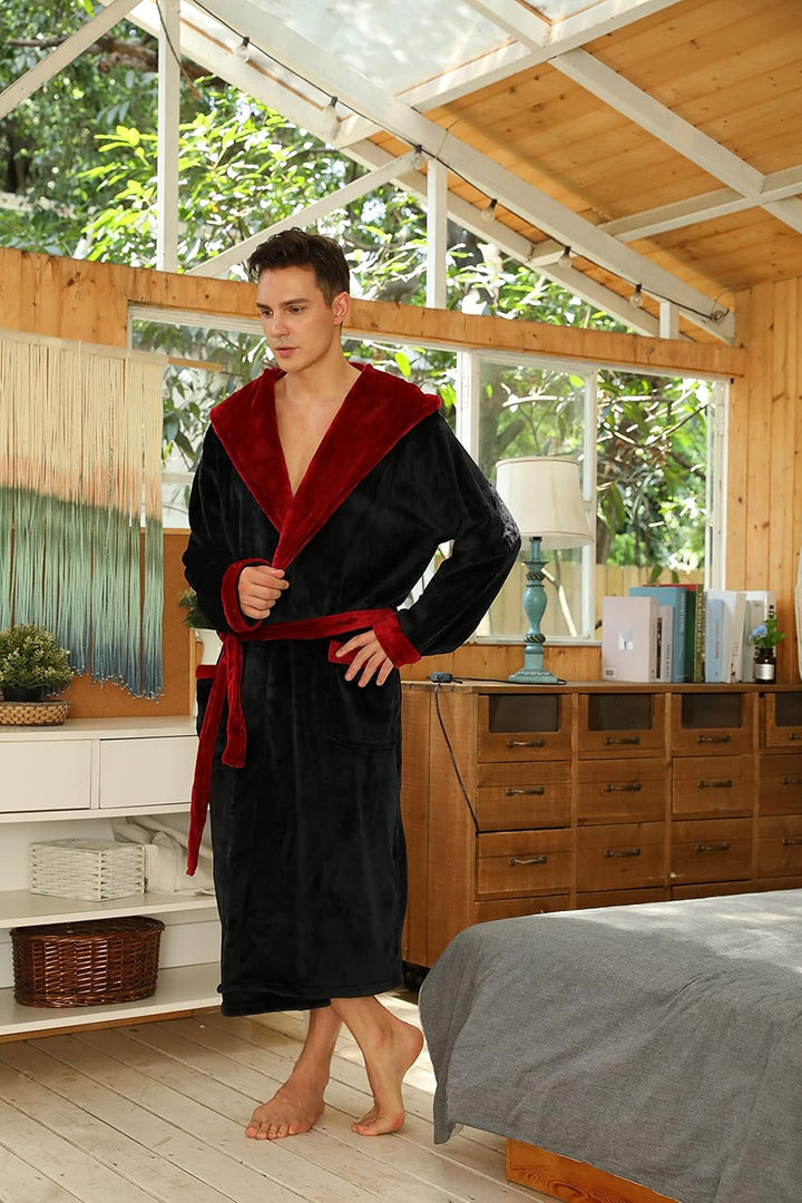 Men's navy ultra-soft hooded fleece bathrobe, with a stylish tie belt.