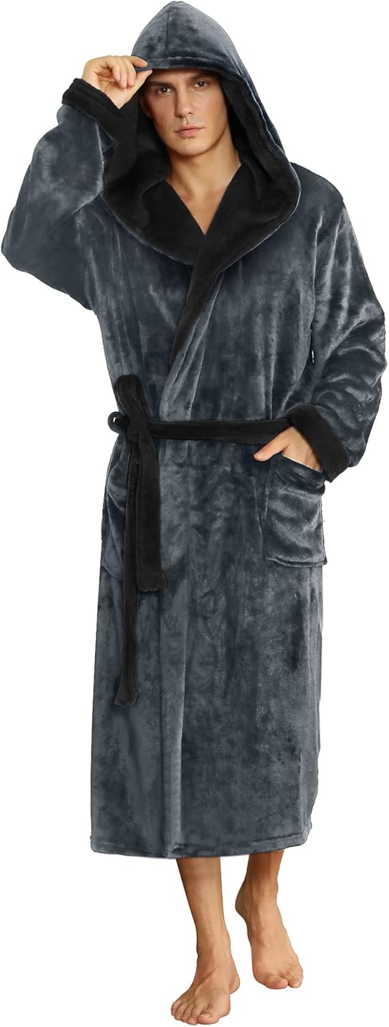 Plush white men's hooded fleece robe, soft and absorbent for post-shower.