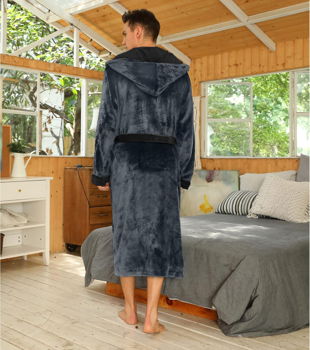 Comfortable charcoal men's hooded bathrobe, great as winter loungewear.