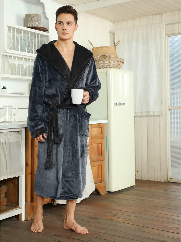 Soft royal blue men's hooded loungewear, premium fleece for relaxation.
