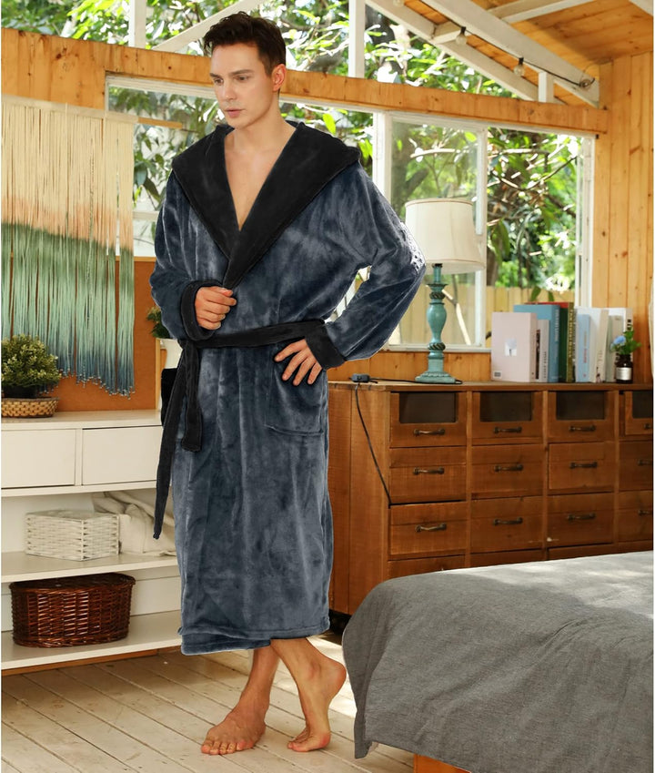 Men's black fleece hooded bathrobe, an ultra-soft and cozy choice.