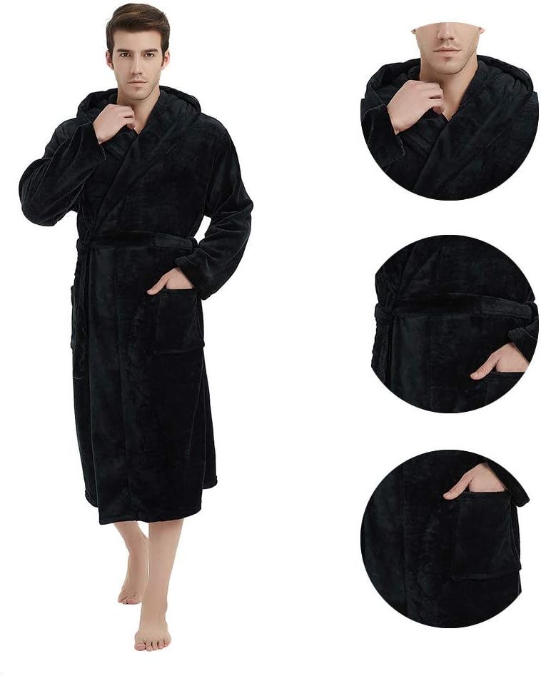 Comfortable charcoal men's hooded fleece bathrobe, for supreme coziness.