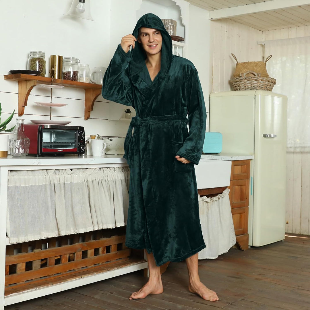 Warm navy men's hooded fleece robe, ultra-soft fabric for chilly evenings.