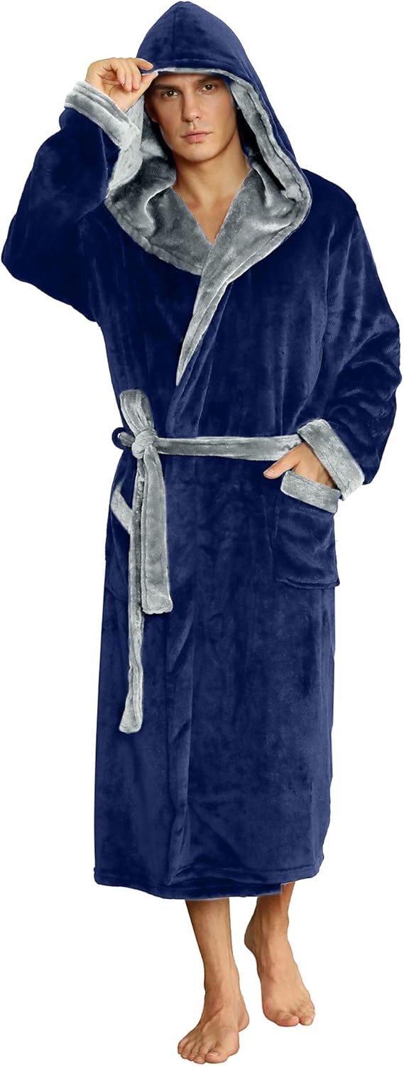 Comfortable charcoal men's fleece hooded robe, soft against the skin.