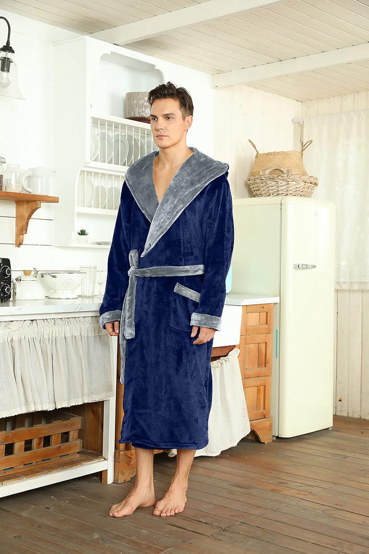 Soft royal blue men's ultra-soft hooded robe, perfect for home comfort.