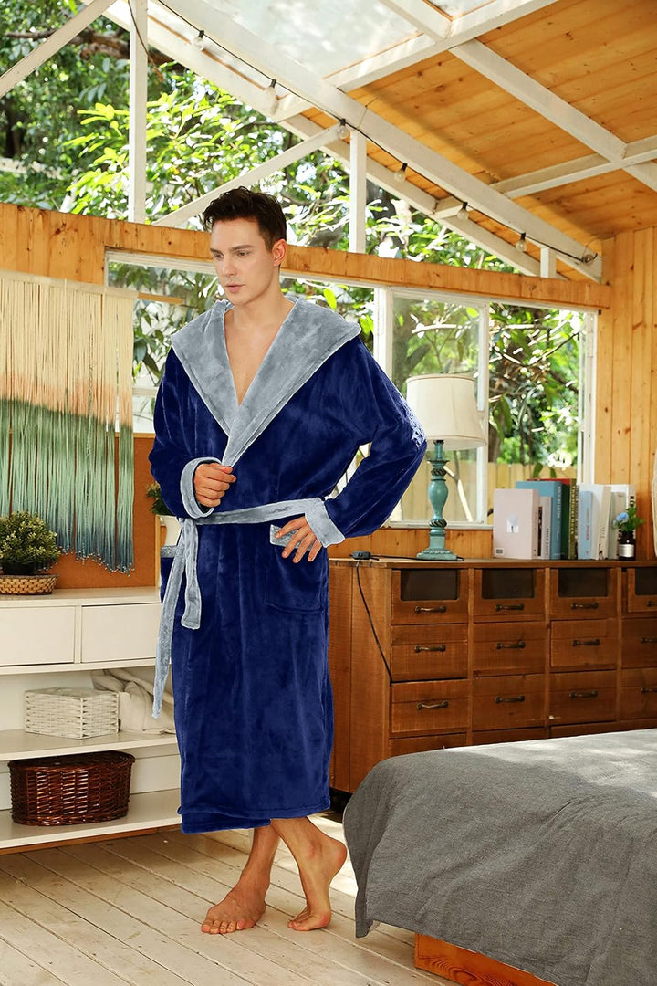 Warm grey men's hooded bathrobe, soft and luxurious for winter.