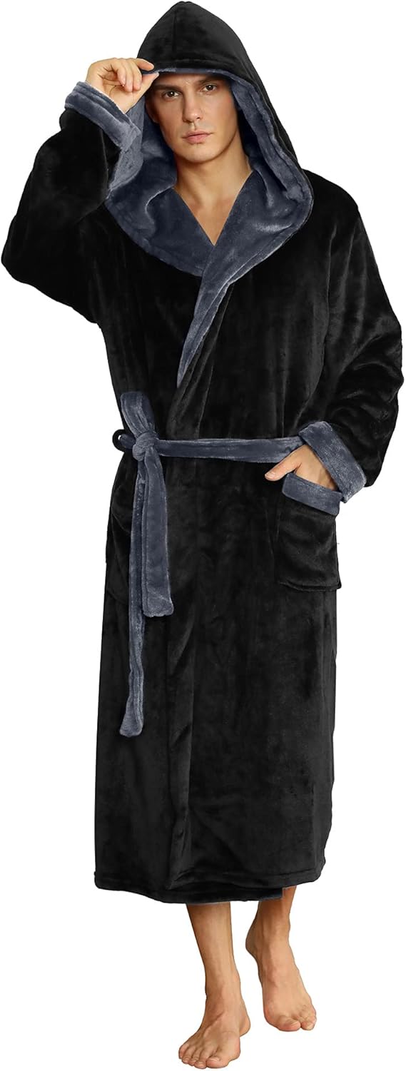 Luxurious navy men's ultra-soft hooded robe, providing ultimate relaxation.