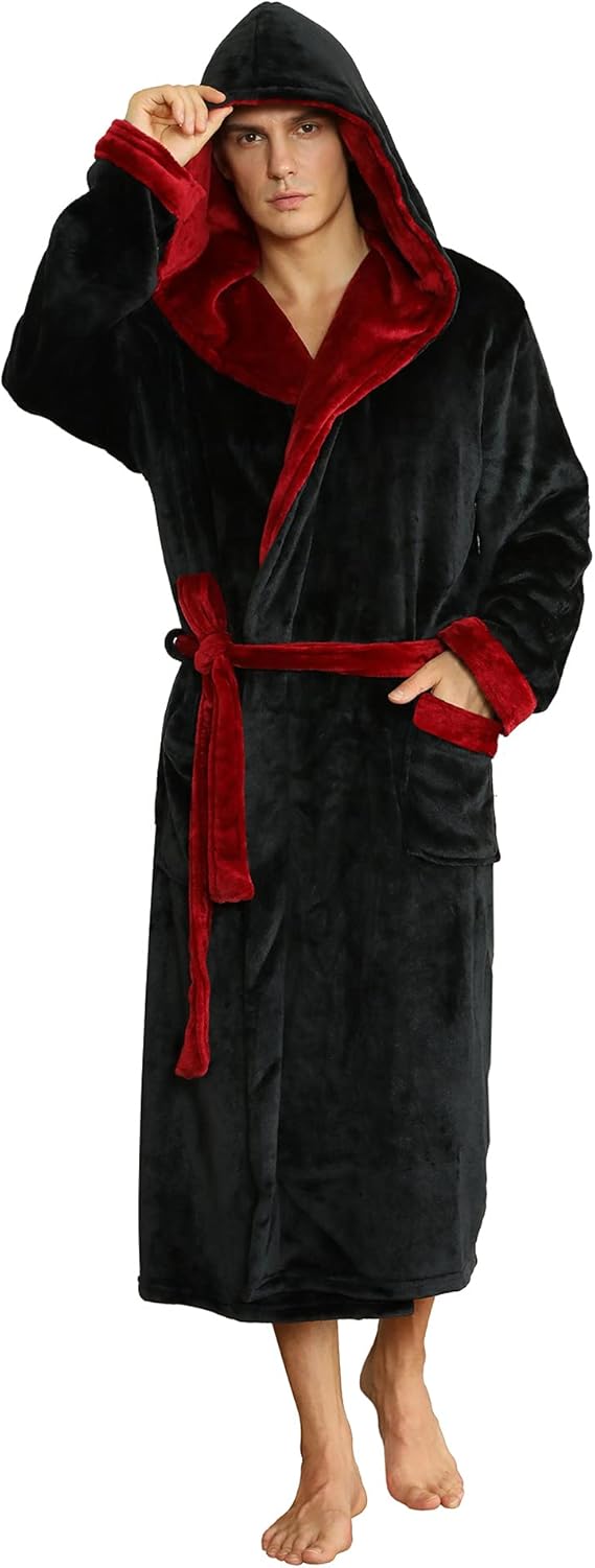 Plush white men's hooded fleece bathrobe, ideal for year-round comfort.