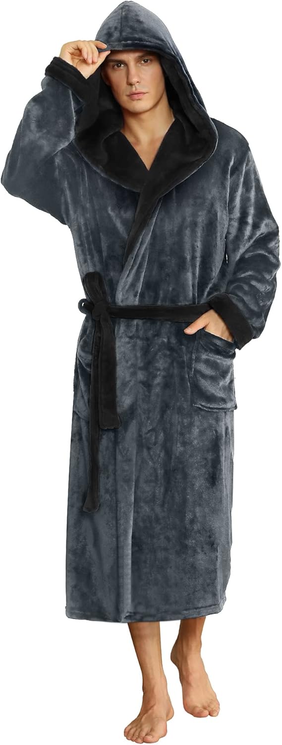 Elegant brown men's fleece hooded robe, a cozy and stylish option.