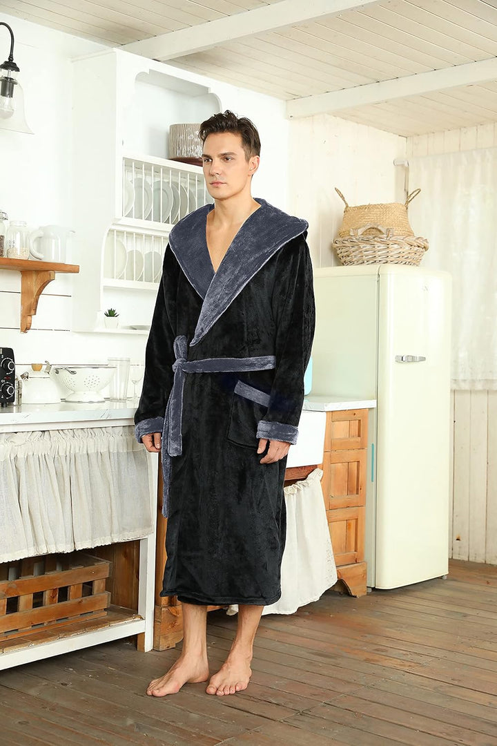 Elegant brown men's hooded fleece bathrobe, providing cozy winter luxury.