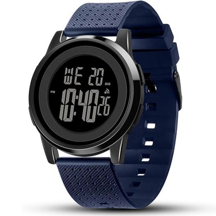 Men's waterproof digital watch face, showing a bright LED display and function buttons.