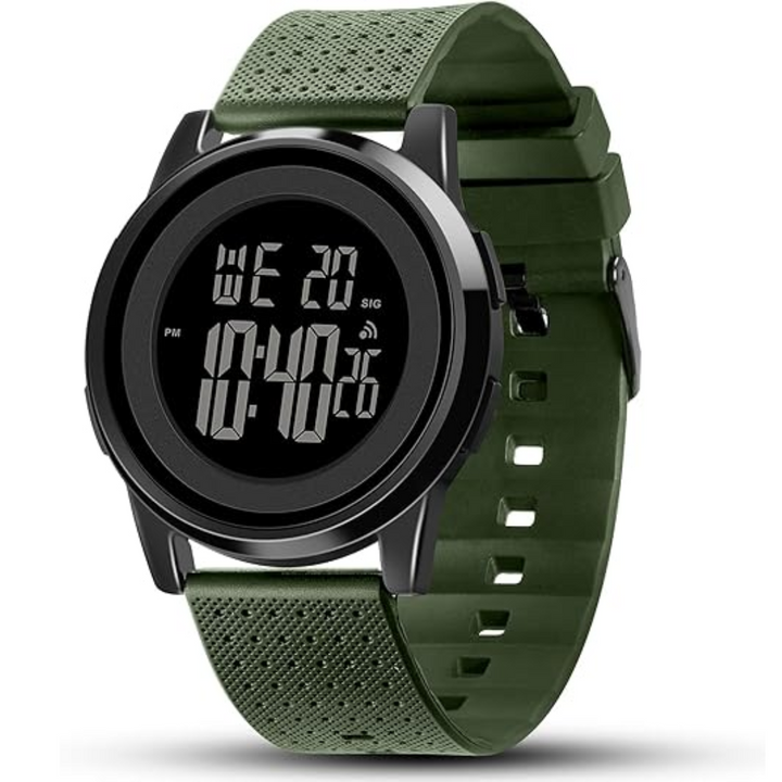 Stainless steel men's digital sports watch, demonstrating its durability and stylish active wear.