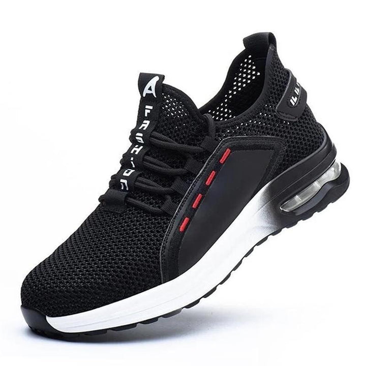 Close-up of men's steel toe safety shoe, highlighting the protective & ultralight design.