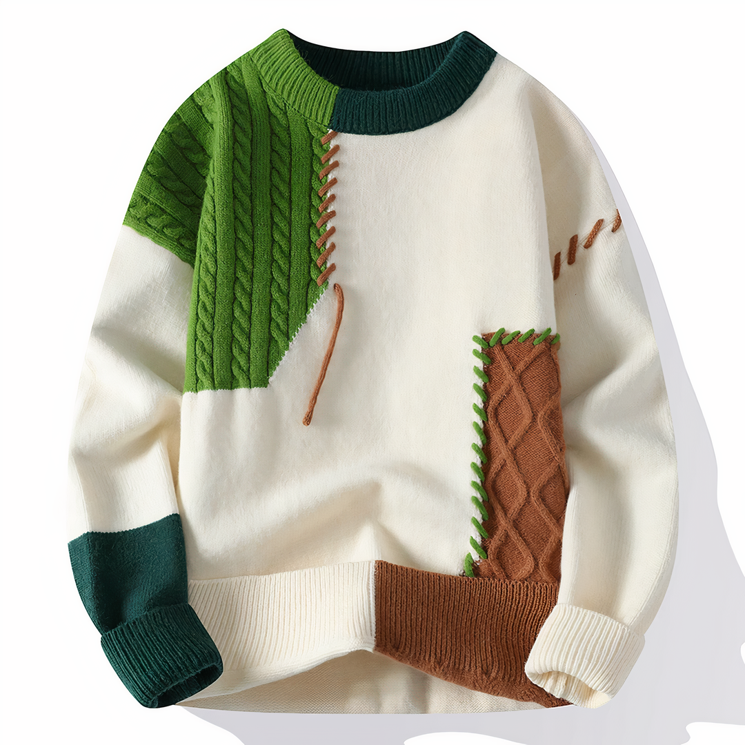 Stylish men's patchwork Jasper sweater, a comfortable and unique casual fashion jumper.
