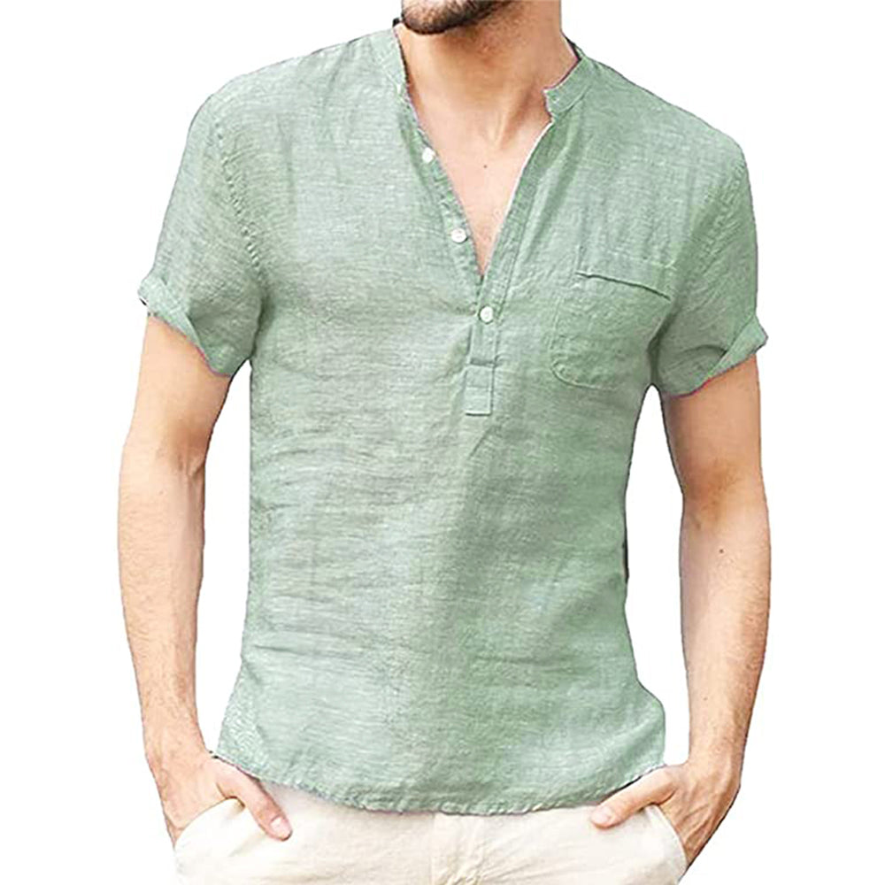 Stylish men's V-neck button-down shirt, short sleeve, versatile for smart casual or summer comfort.