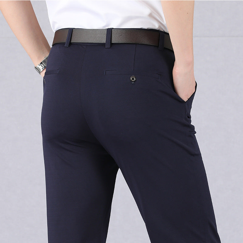 Stylish gray stretch dress pants for men, offering all-day comfort and a sleek look for office or events.