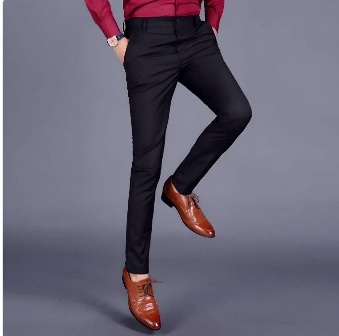 Black men's stretch performance trousers, offering a dynamic fit & comfort for any occasion. Office to casual.