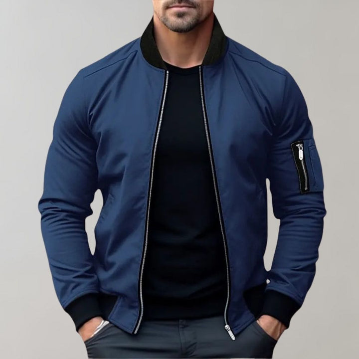 Men's Versatile Bomber Jacket in dark color, perfect for everyday casual wear & street style.