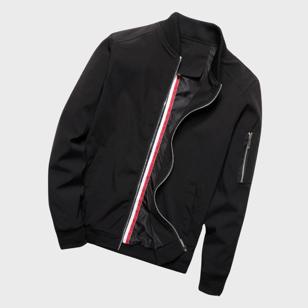 Modern men's bomber jacket, an essential outerwear piece for trendy street style and layering.