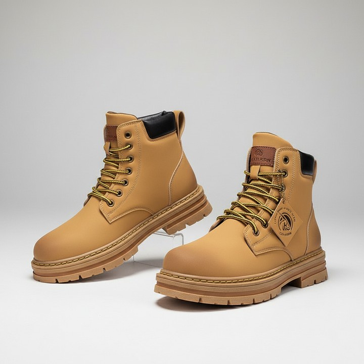 Top-down view of men's Aaron comfort boots, showcasing laces, padded tongue, and rugged outsole for durability.