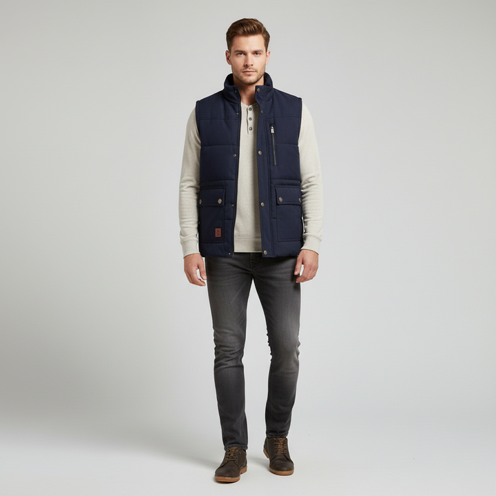 Highly functional men's outerwear vest, designed for versatility and everyday wear