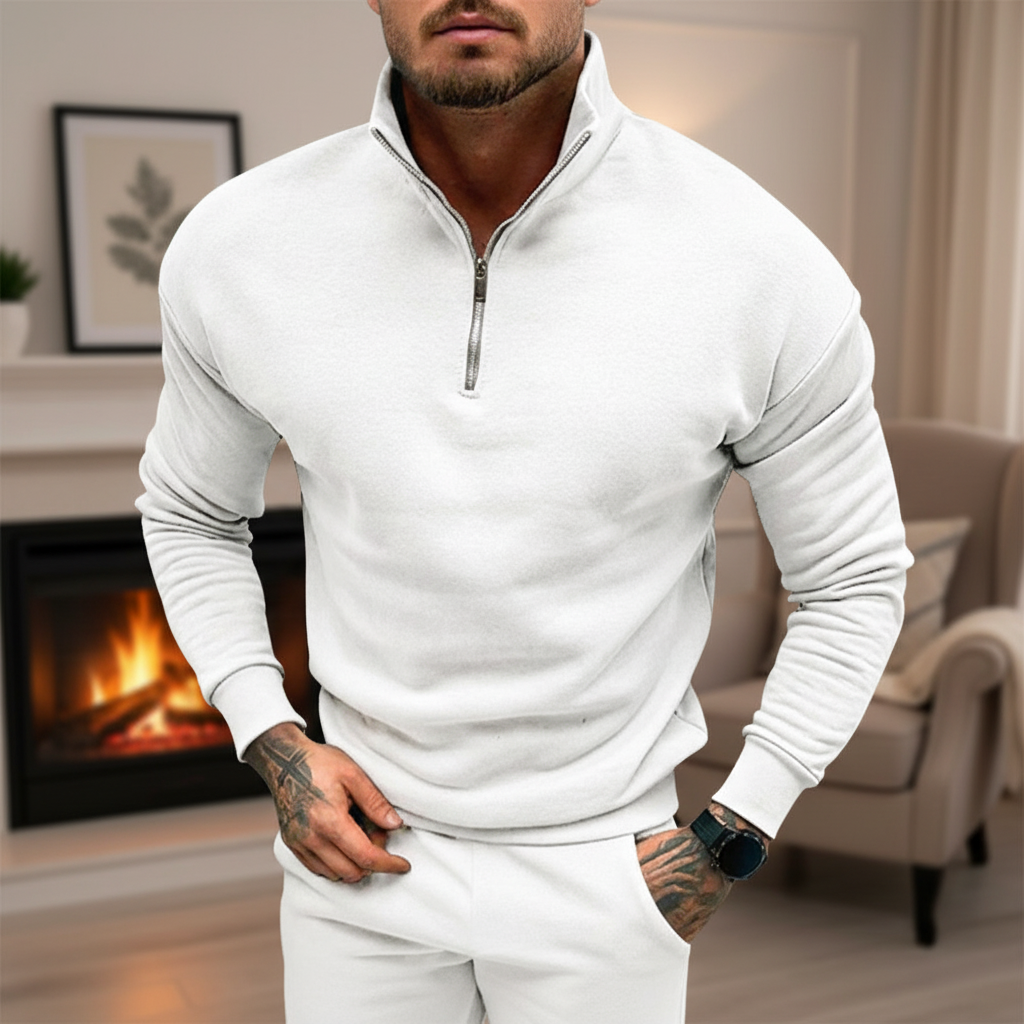 Men's versatile navy half-zip cotton blend sweater for autumn fashion, classic knitwear
