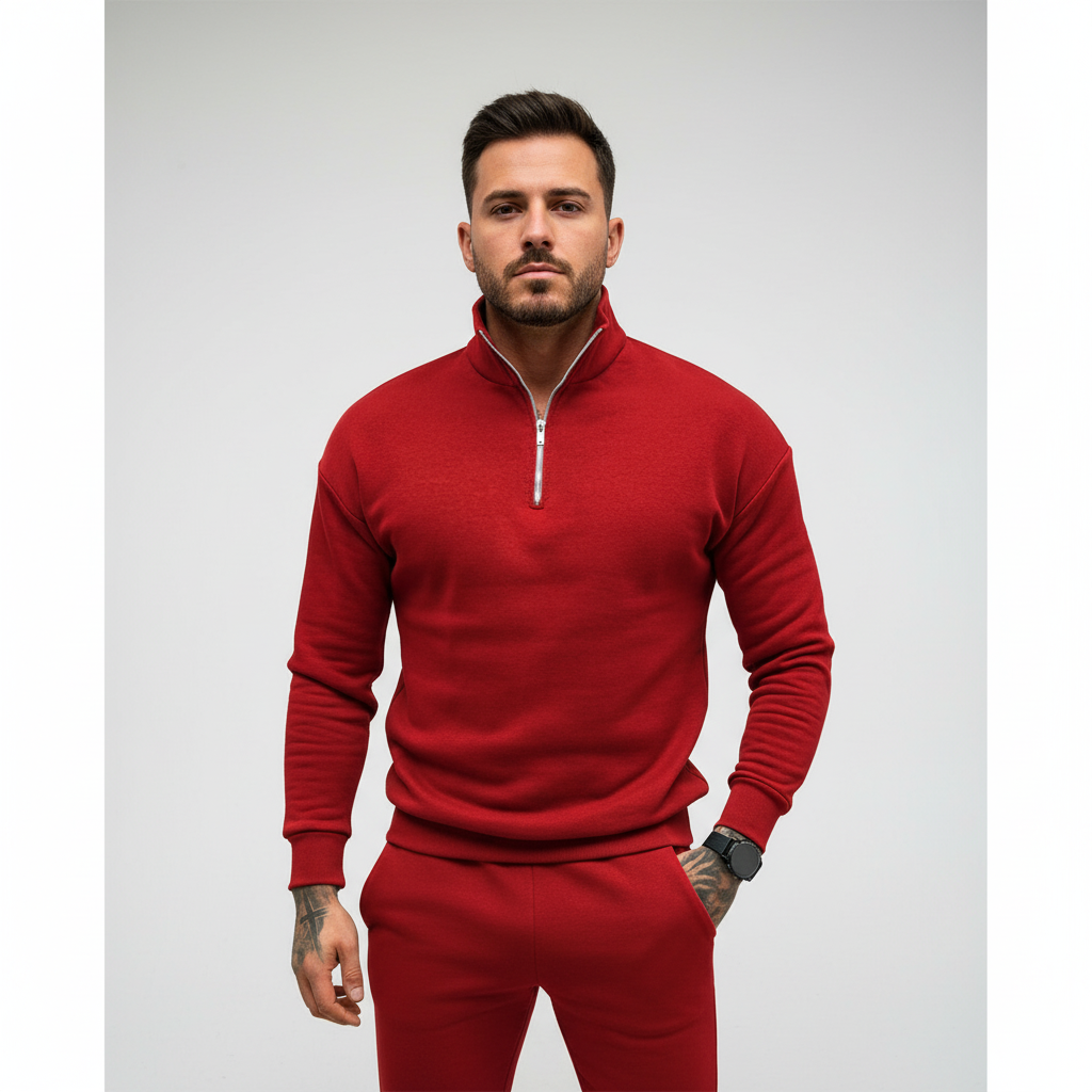 Man wearing a comfortable half-zip cotton blend sweater, perfect autumn fashion