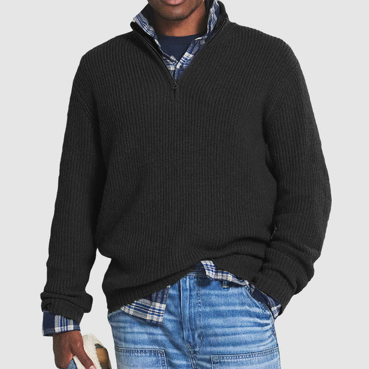 Elegant men's solid color zip sweater. Versatile for business casual and comfortable fall winter men's fashion.