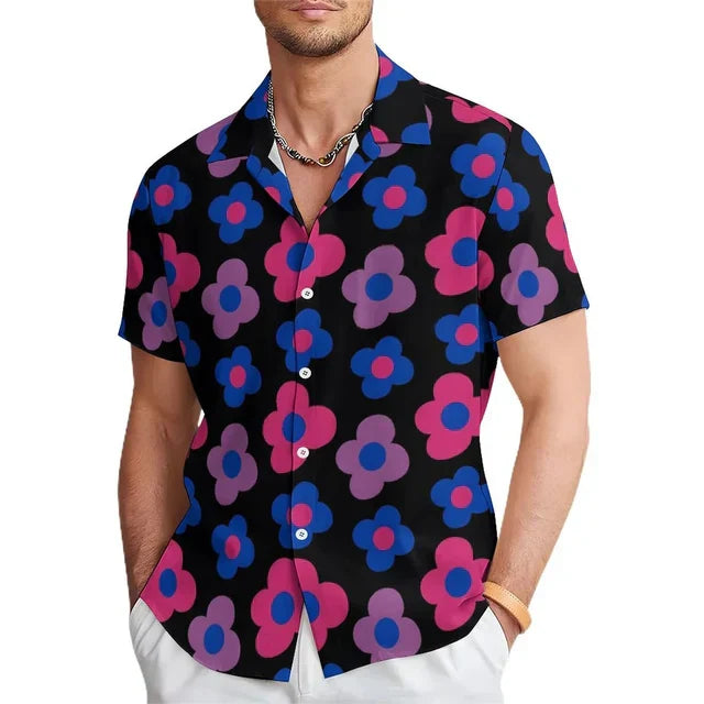 Men's vibrant floral print summer shirt with a stylish notched collar, perfect for casual wear & holidays.