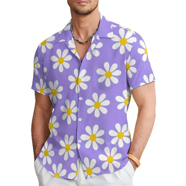 Casual men's summer shirt featuring a striking floral print & comfy notched collar for a relaxed holiday look.