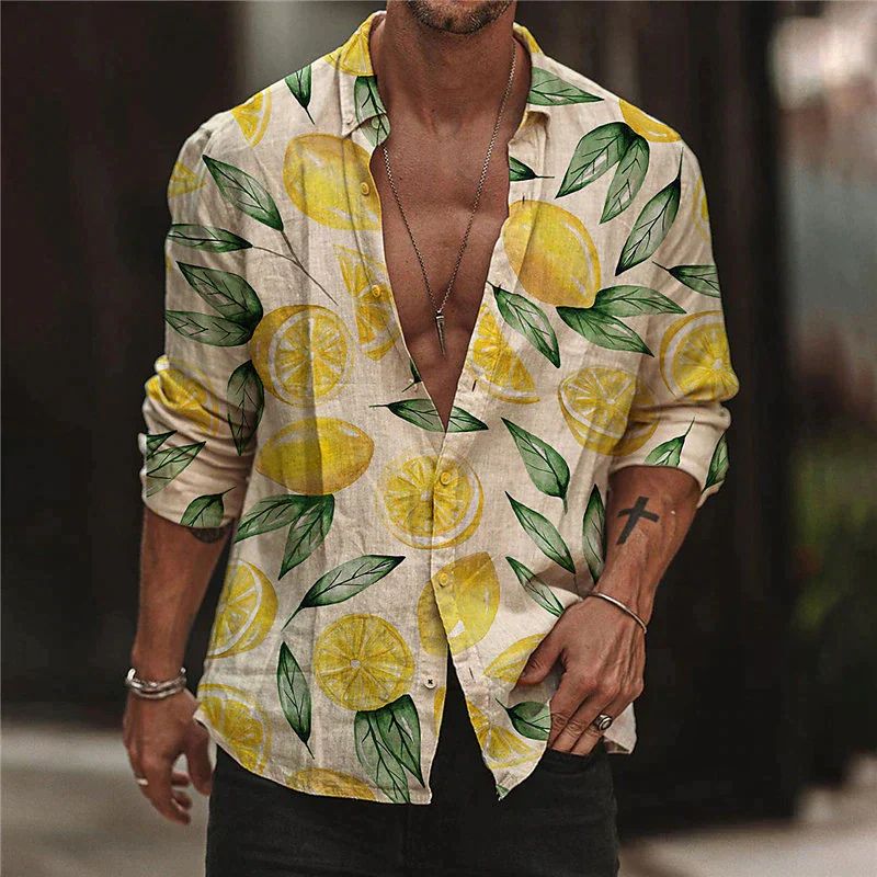 Men's vibrant lemon print summer shirt with a relaxed fit, perfect for casual beach or resort wear.