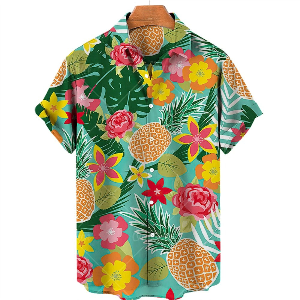 Men's vibrant tropical Hawaiian shirt, short sleeve, perfect for summer beachwear and casual fashion.
