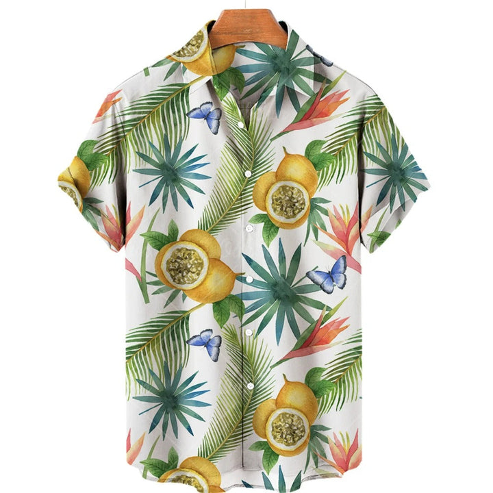 Relaxed fit men's Hawaiian shirt with vibrant tropical print, ideal short sleeve summer casual wear.