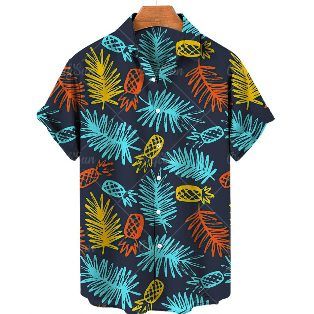 Comfortable men's relaxed fit Hawaiian shirt, vibrant tropical print, short sleeve for summer casual.