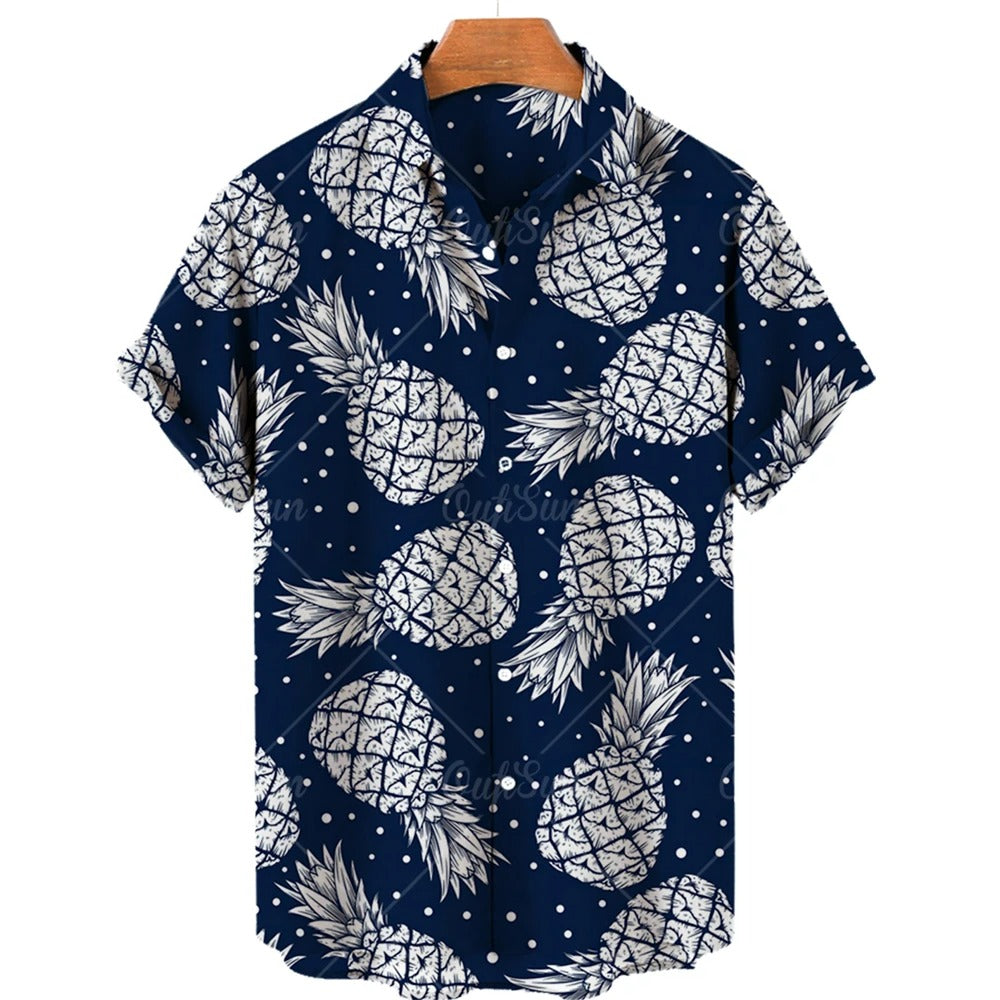 Colorful men's Hawaiian shirt with short sleeves and a vibrant tropical pattern, ideal for holidays.