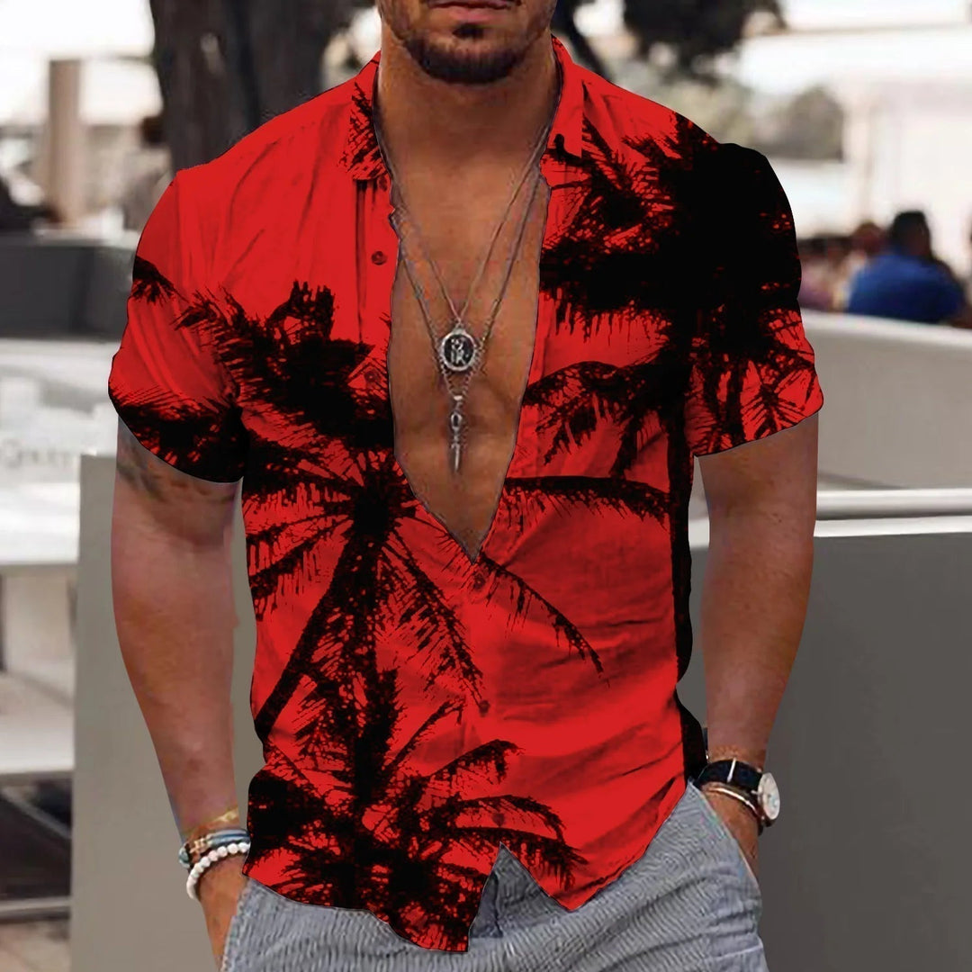Men's vibrant tropical print short-sleeve shirt. Perfect summer Aloha style for beach, vacation, or festival wear.