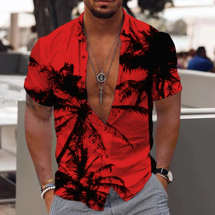 Men's vibrant tropical print short-sleeve shirt. Perfect summer Aloha style for beach, vacation, or festival wear.