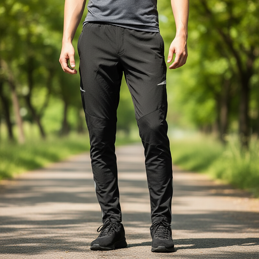 Men's Victor high elastic compression sports trousers for cycling, black with reflective details