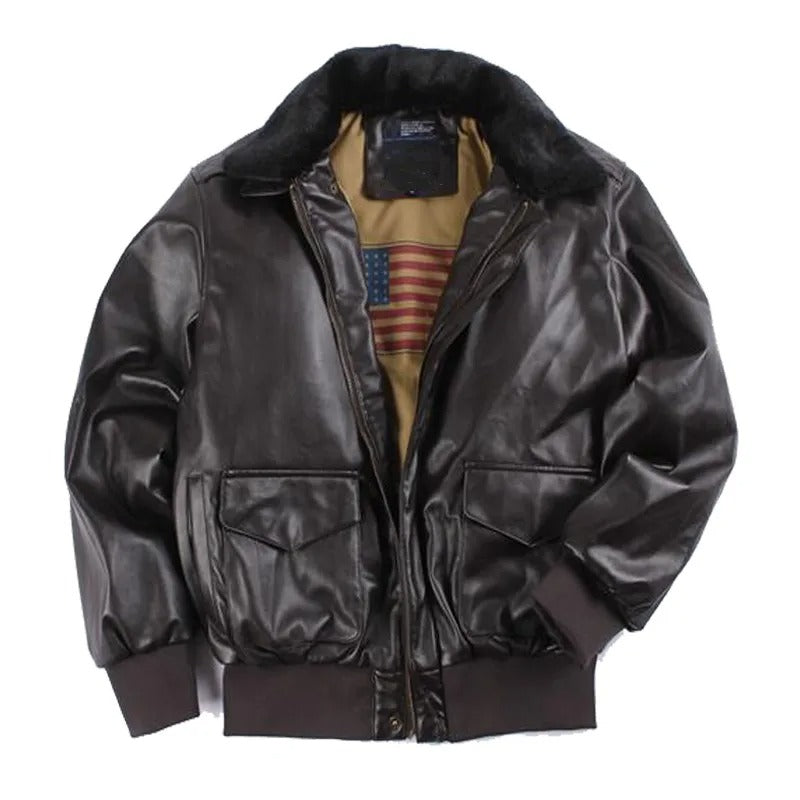Men's vintage black leather motorcycle jacket, perfect for winter rides. Rugged biker style with a structured fit.