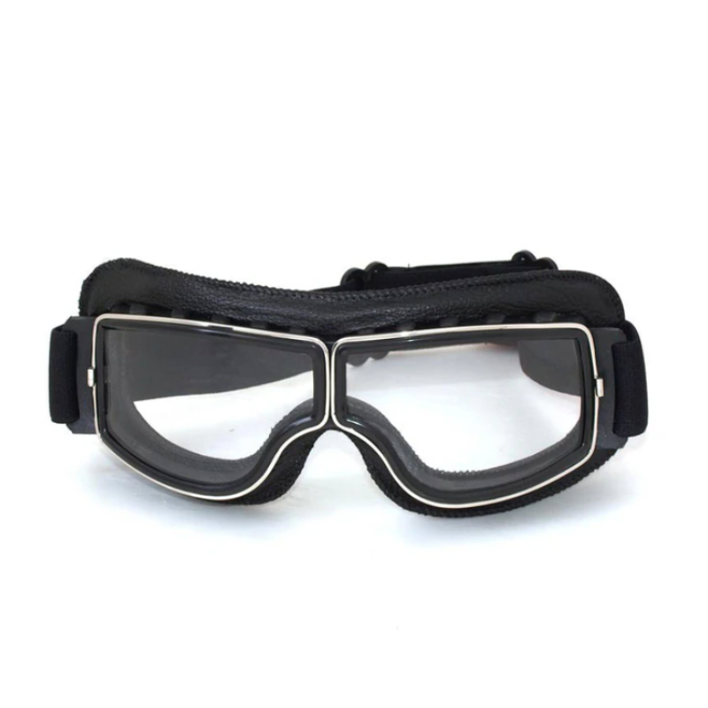 Retro men's motorcycle goggles with genuine leather padding & clear lenses. Essential protective eyewear for riders.