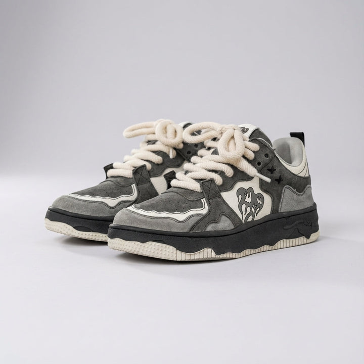 Comfortable men's gray sneakers, vintage skate design, retro fashion footwear