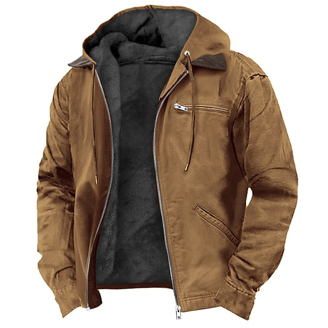 Men's vintage style outdoor jacket, all-weather durable, with hood and zipper for casual fashion.