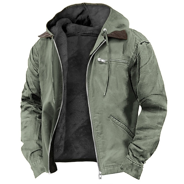 Brown men's hooded outdoor jacket, durable all-weather coat with timeless style and full zipper.